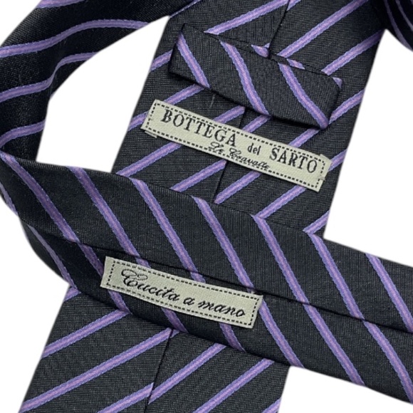 BOTTEGA DEL SARTO Black/Purple Striped Silk LUXURY Tie HANDMADE ITALY - Picture 3 of 4